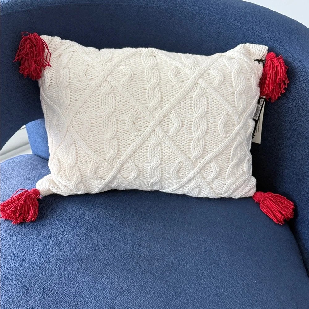 White Cable Knit Diamonds Holiday Throw Pillow with Red Tassels